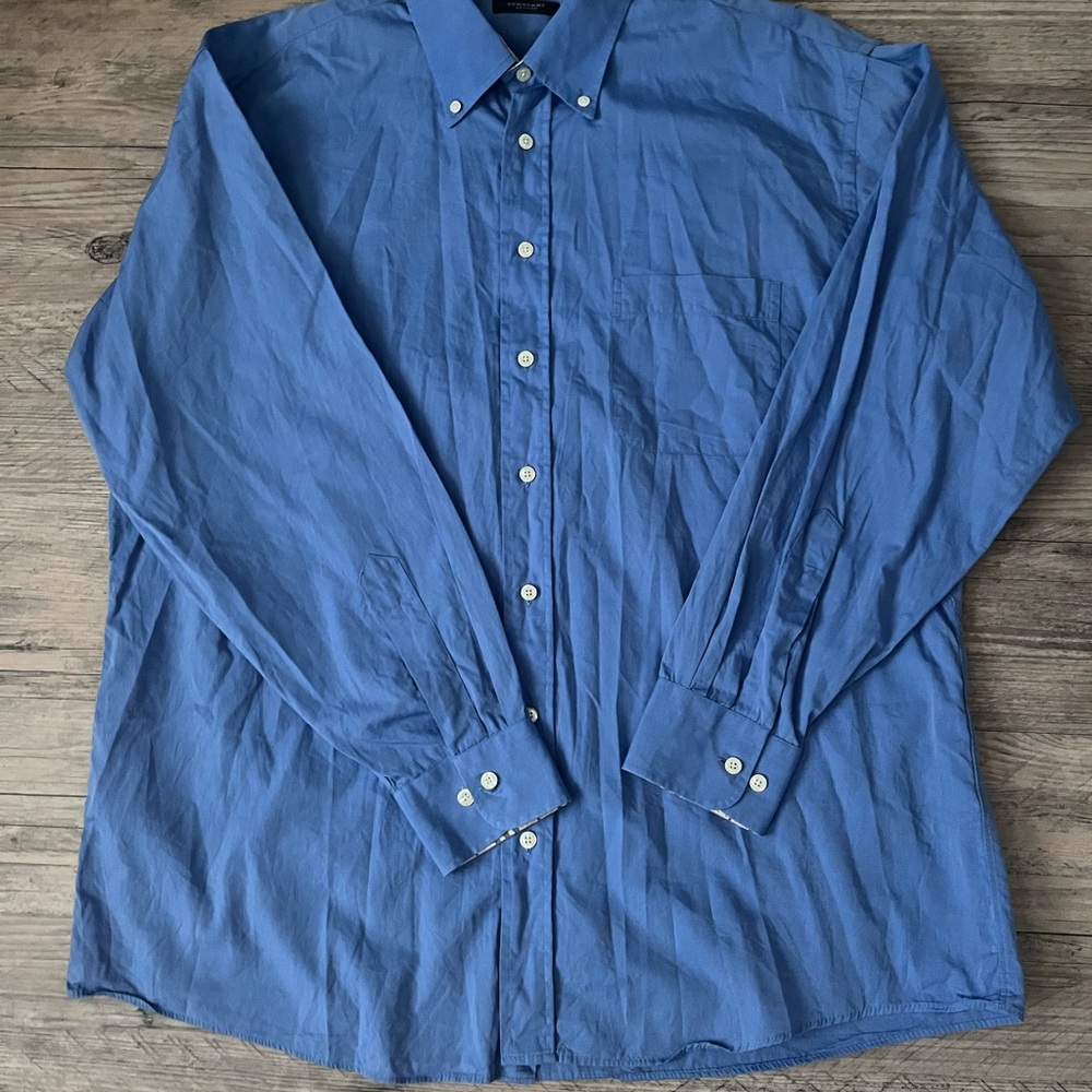 Burberry London Men Long Sleeve Contrast Dress Shirt, Blue, Large